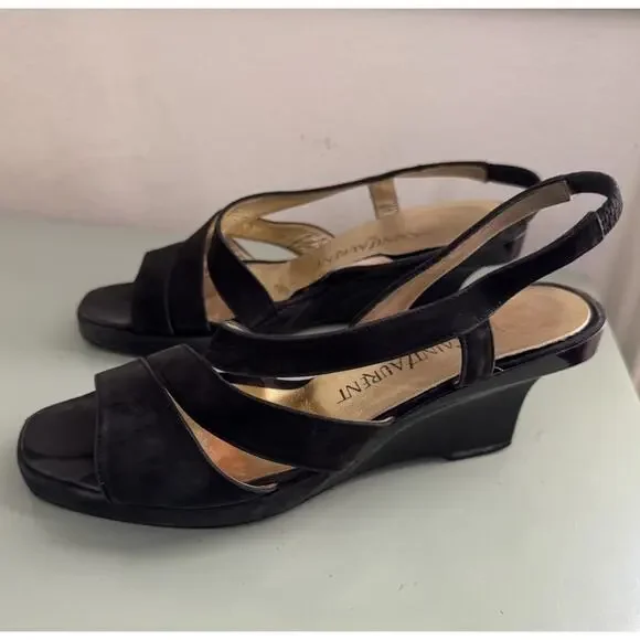 Yves Saint Laurent Black Suede Wedge Heels Sandals YSL Vintage 90s Y2K Sz 6 M - Picture 2 of 10
